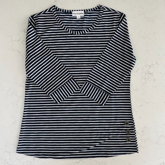 Neon Buddha Oversize Stripe 2/3 Slv Scoop Nk Top w Button Detail Navy Wht Sz S - Picture 11 of 14